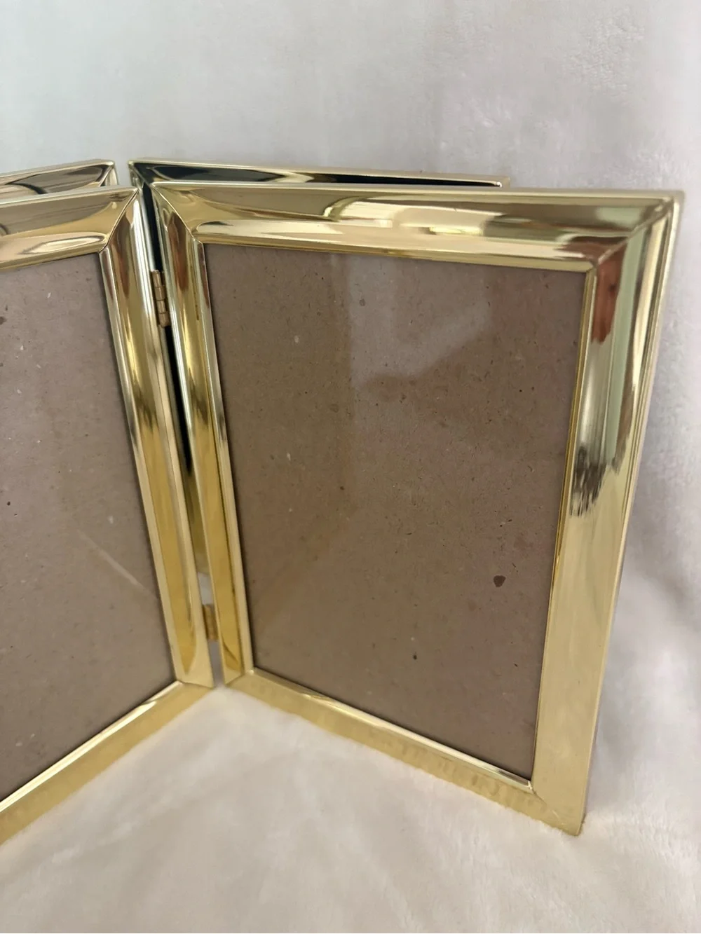 Two Vintage 5 x7 Shiny Brass Gold Tone Hinged Double Folding Photo Pic Frames